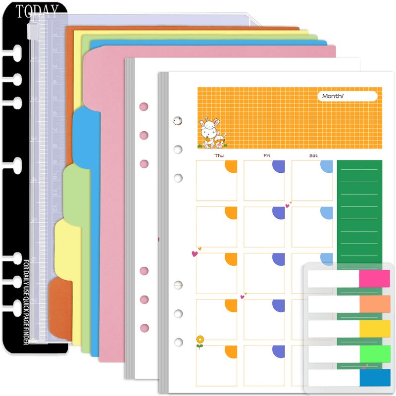 Rancco A5 Planner Inserts Monthly Planner Refills  90 Pages Colorful 6-Ring Loose-leaf Monthly Binder Paper w/Divider  PVC Pouch  Ruler  Index Tab for Journal  Filofax  Double-sided  Undated 8.3x5.6"" - Image 1